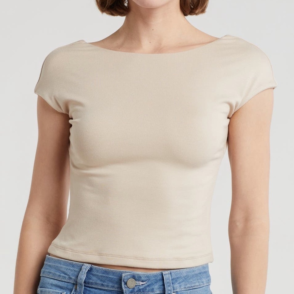 Elodie Women's Low Back Taupe Cap Sleeve T-Shirt Top - Sz Medium, NWT
